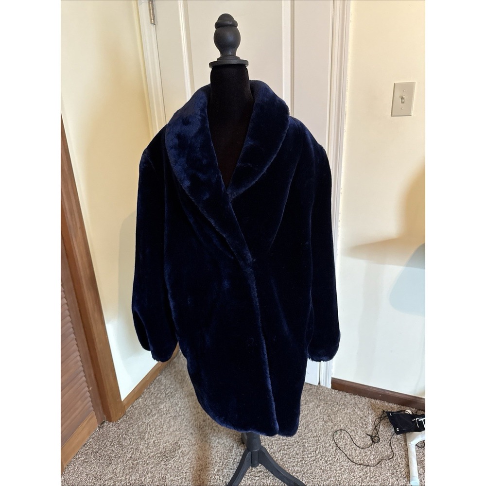 Vintage Monterey Fashions Blue Faux Fur Swing Coat Size 14 80's 70's